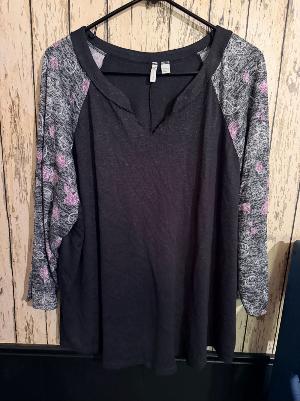 Cato Black Raglan Long Sleeve Top with Pink Floral Sleeves
